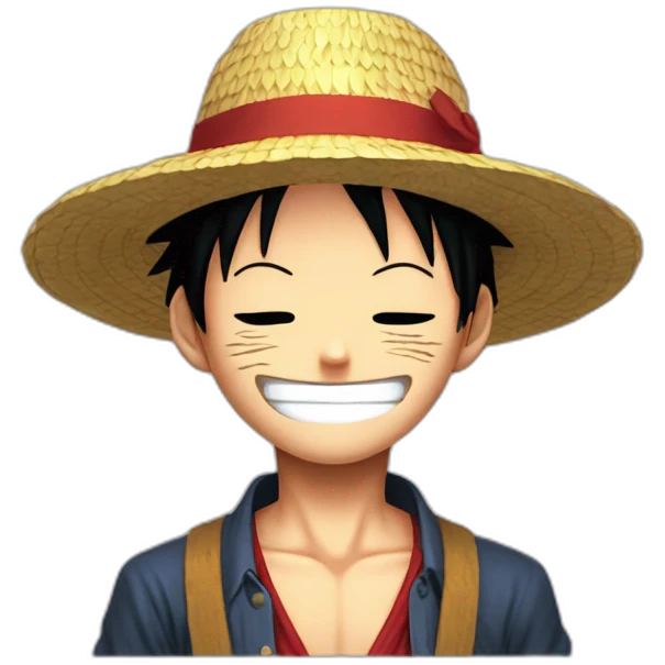 Luffy with his straw hat and his scar at the bottom of the right eye smiling with closed eyes in the Eiichirō Oda’s style emoji