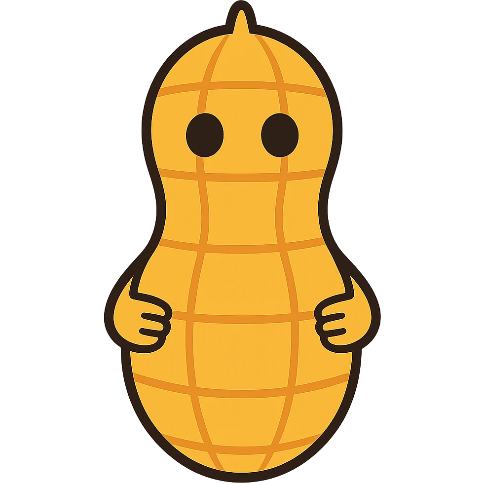 Change the peanut shell to a cartoon-style shell, keep the 3D peanut character cute and with no facial expression, maintain transparent background. The style should resemble a cartoon with clear, simple lines and vibrant colors for the shell, while preserving the 3D look of the peanut character. emoji