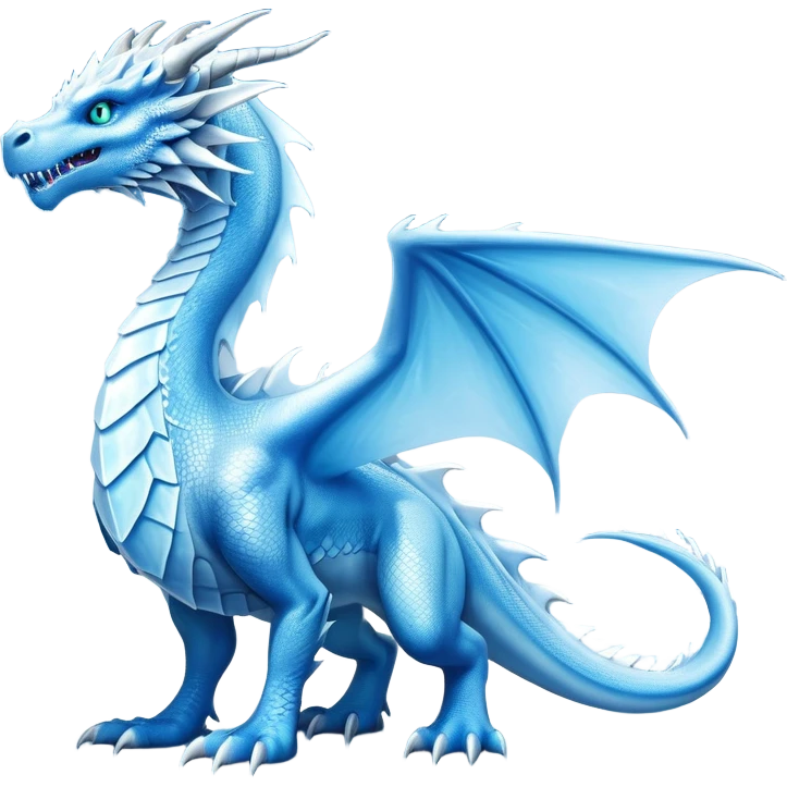 Cinematic Noble very elegant Ice Dragon full body  Emoji, Poised and imposing, distinct long elegant snout, with a slender, scaled body shimmering in glacial hues of icy blue, frostbitten silver, and crystalline white, breathing out frost, with piercing, glowing ice blue white eyes that radiate the chilling depths of an arctic storm; rendered in detail. excuding wisdom emoji