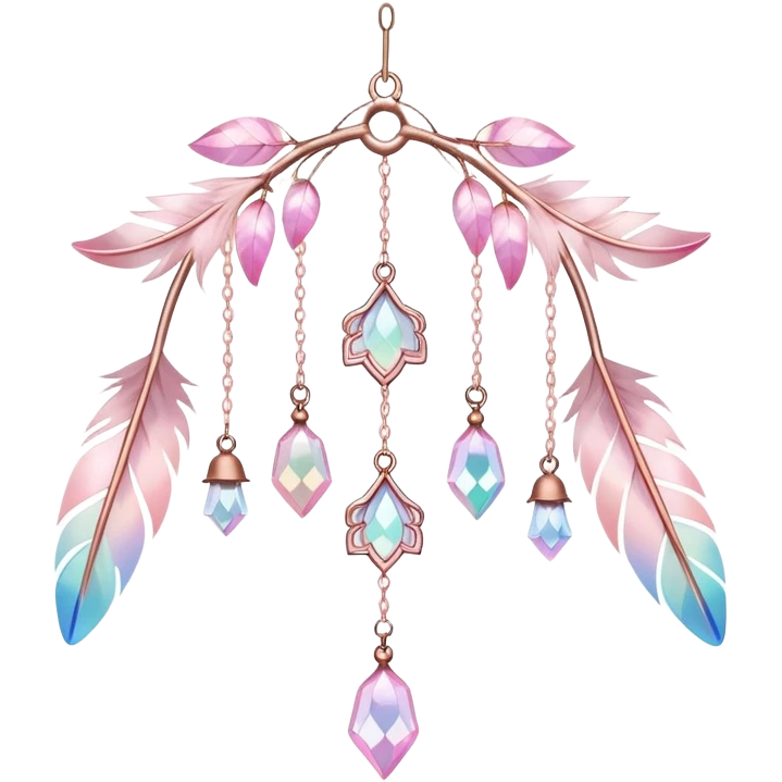 Hanging Iridescent pastel pink sakura crystals white-pearly suncatcher with bells and feathers emoji