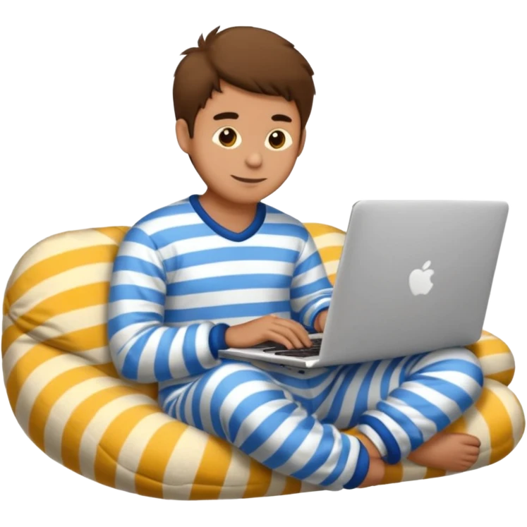 man in striped pajamas and fuzzy slippers typing on a laptop, emoji style emoji