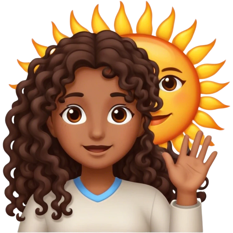 Brown girl with dark brown long curly hair saying good morning with the sun emoji