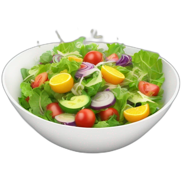 "Create a vibrant, 3D bowl of salad with colorful, glowing ingredients, levitating slightly in a modern kitchen setting. emoji