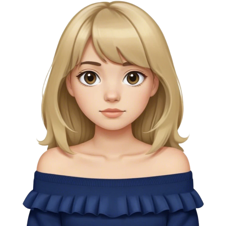 girl with dirty blonde hair and curtain bangs and navy blue off the shoulder sweater emoji