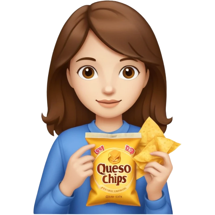Girl with brown hair holding a bag of queso chips emoji