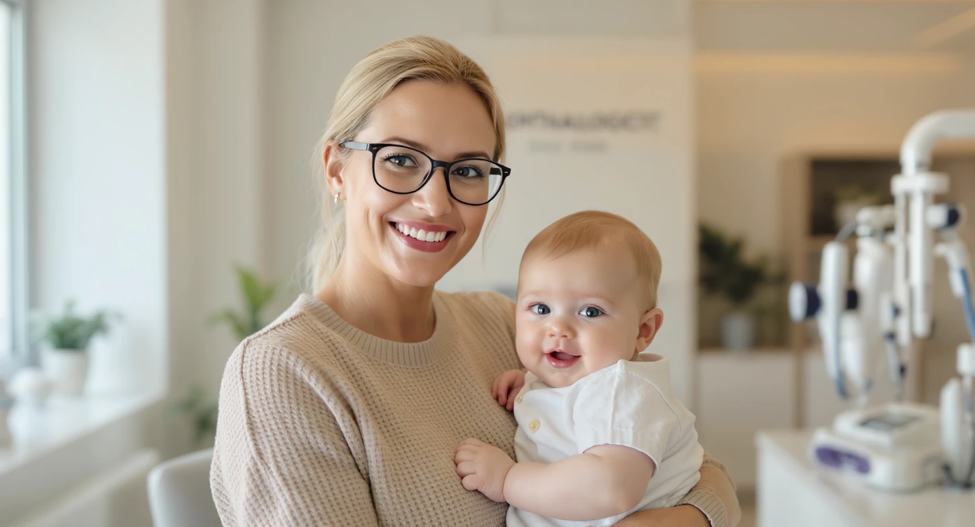 Cinematic still, Proffesional advertising of a smiling european white woman with glasses smiling holding baby, minimalistic ophthalmologist interior in background, leading  lines, "rule of thirds", 60/30/10 colors, soft light, warm colors emoji