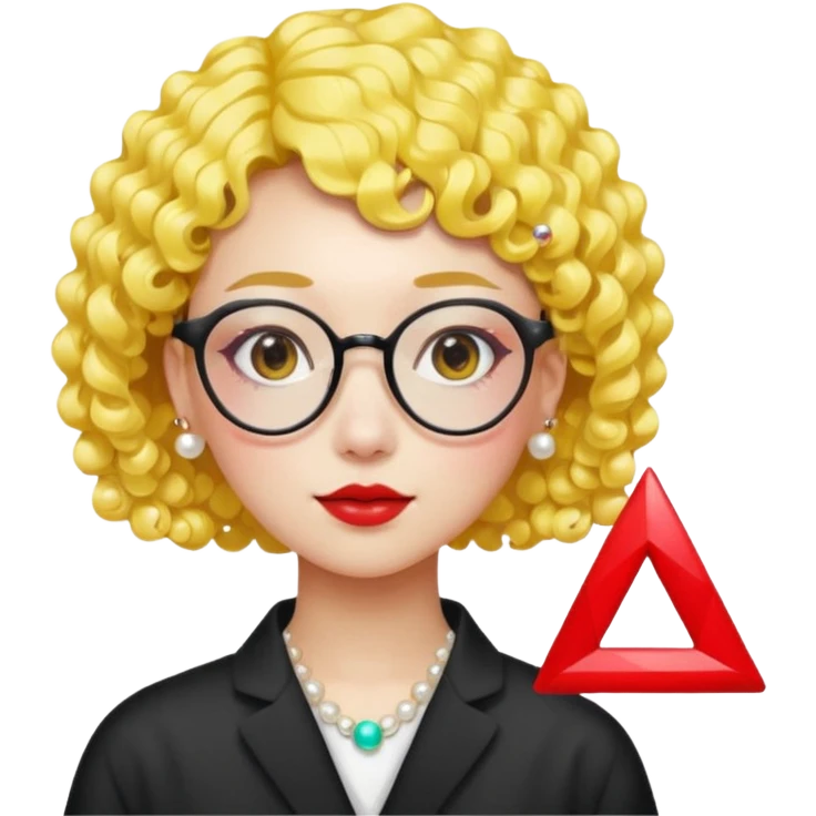 modern Chinese girl emoji, short curly bright yellow hair, pearl hairpin, trendy red triangle glasses, graphic design, colorful style emoji