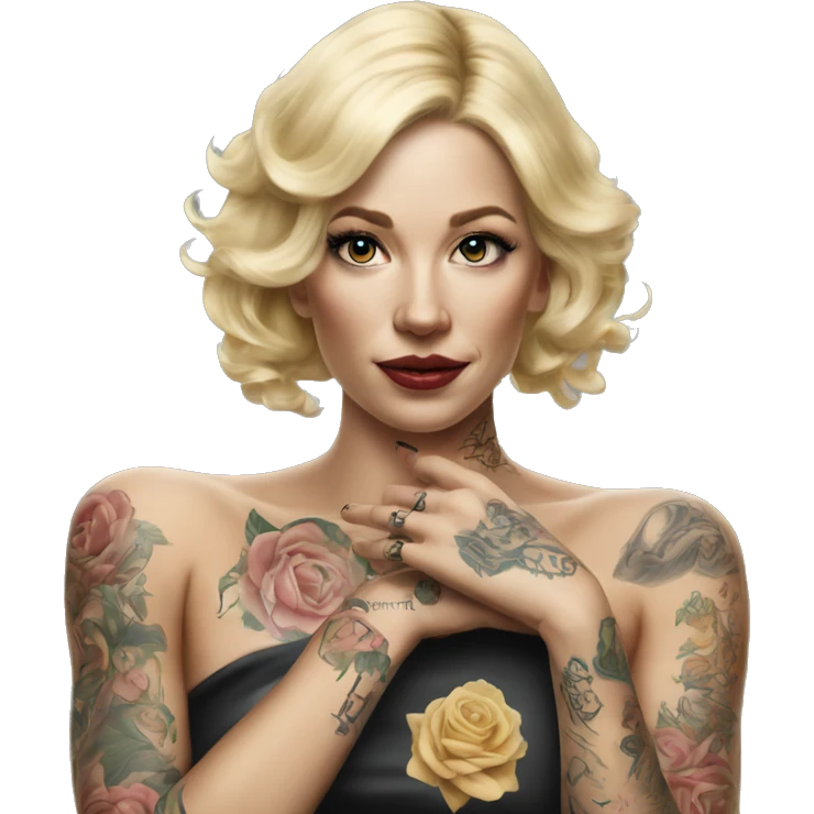 Blonde elegant women, her Body Covered with Tattoos, POINTING FORWARD with her HAND , Hyper realistic emoji
