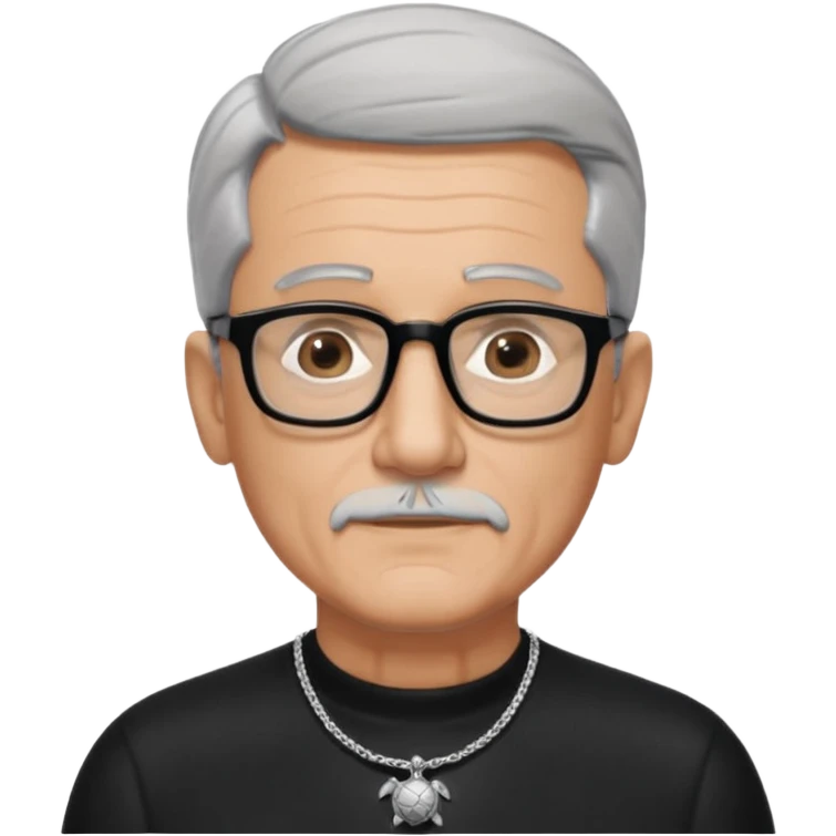 Tony Barceló is a strong, lively man in his 70s with short, neatly combed gray hair and a trimmed goatee. He has a broad face, square glasses, and a confident presence. He wears a black outfit with a silver turtle necklace, reflecting his thoughtful, creative energy as a writer. emoji