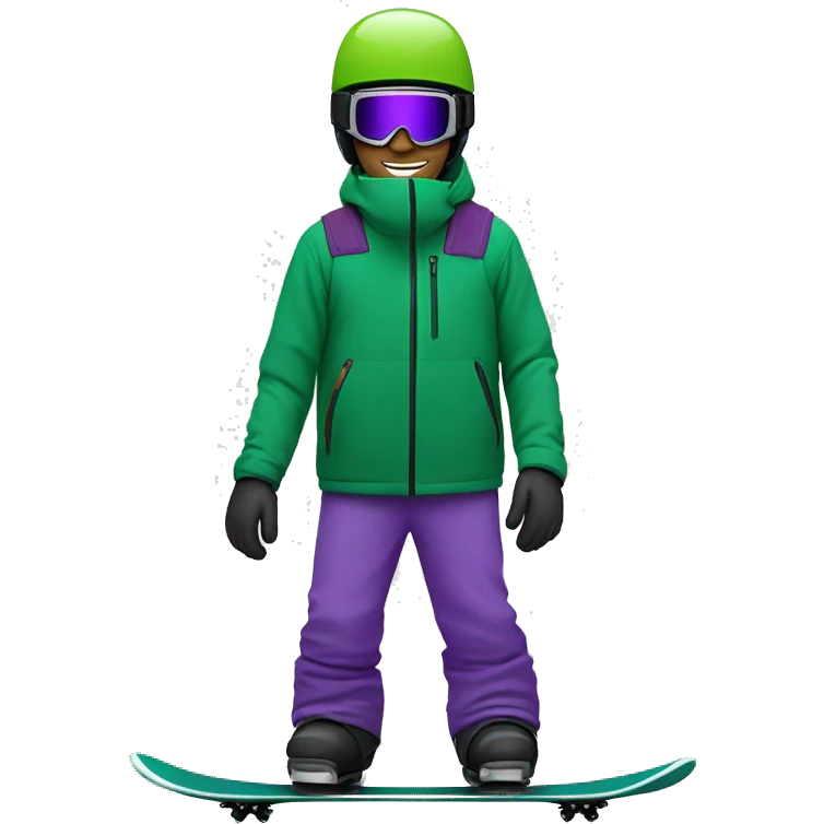 White male snowboarder with a green jacket, large ski goggles, a helmet, and a purple snowboard emoji