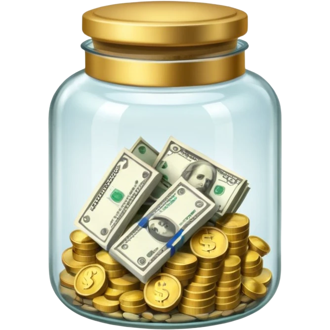 glass tip jar emoji style, simple with cash and coins emoji
