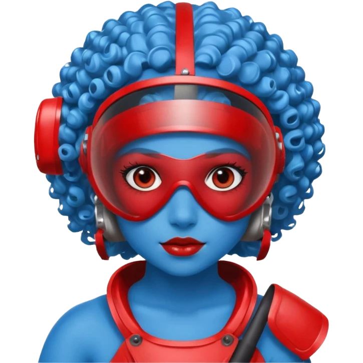 blue curly girl with huge earrings wearing red paintball helmet with eye protection, only face  emoji