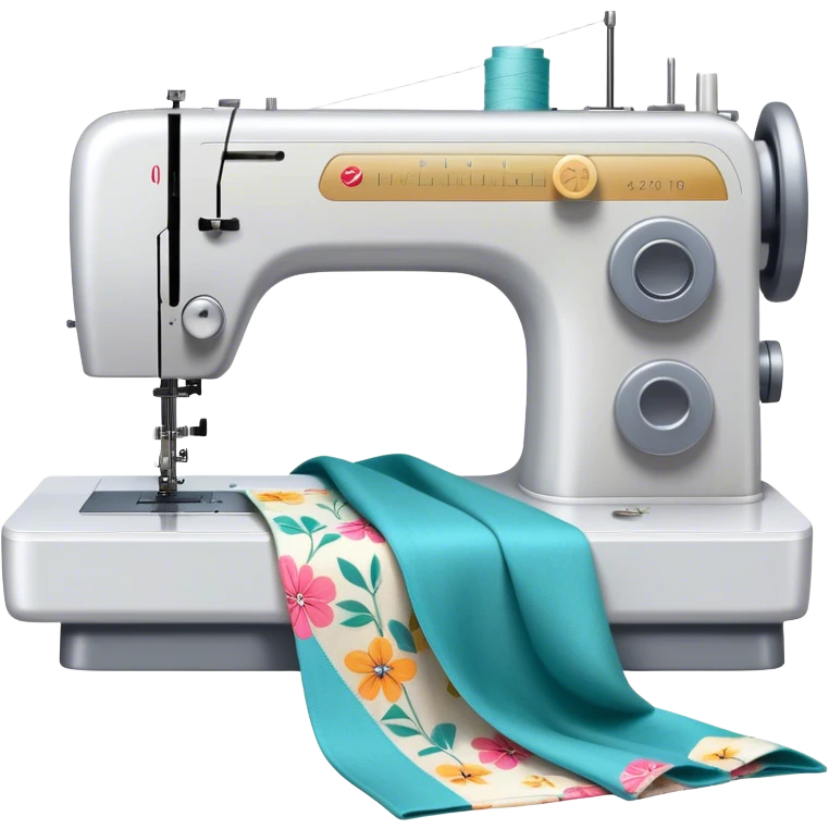 Create an icon that represents the hobby of sewing clothing using patterns and templates. The design should feature a sewing machine, fabric, sewing patterns, and templates. Include visible markings on the fabric that align with the patterns, showcasing the process of cutting and sewing. A piece of clothing in progress, such as a dress or shirt, should be visible, reflecting the creative and detailed nature of garment making. The composition should be well-balanced, with a clean and harmonious design. The background should be transparent. emoji