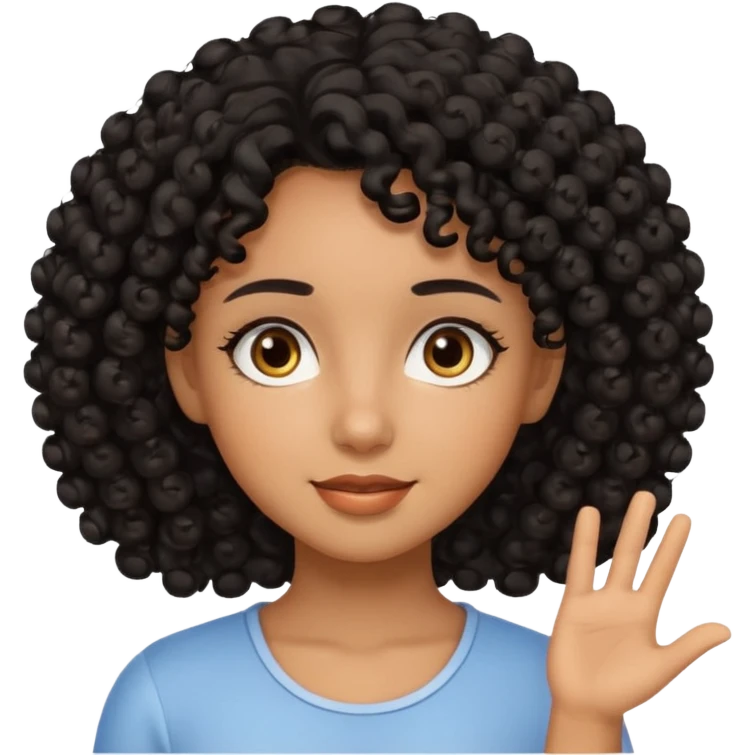 Uma menina de cabelo cacheados preto morena com os olhos puxados olhos castanhos dando bom dia emoji