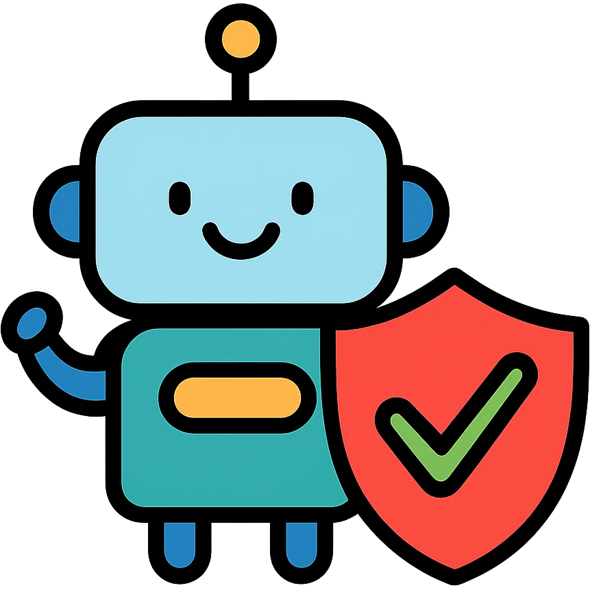 smiling AI robot with a shield and a visible certification checkmark, safe and trustworthy appearance, icon style emoji
