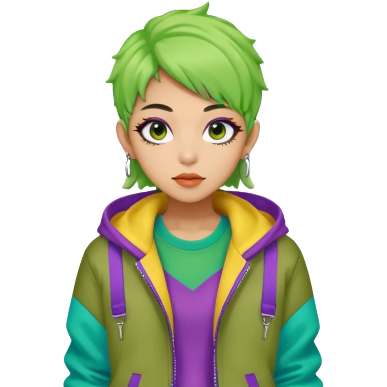  portrait-of-a-green-skin-alien-k-pop-idol,-wearing-a-stylish-streetwear-outfit-with-layered-colorful-clothing-makeup,- emoji