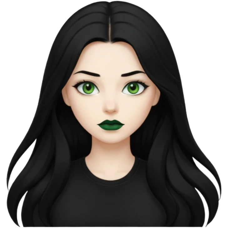 Black haired woman, green eyes, black lipstick, white skin, black t shirt, sharp face, long hair emoji