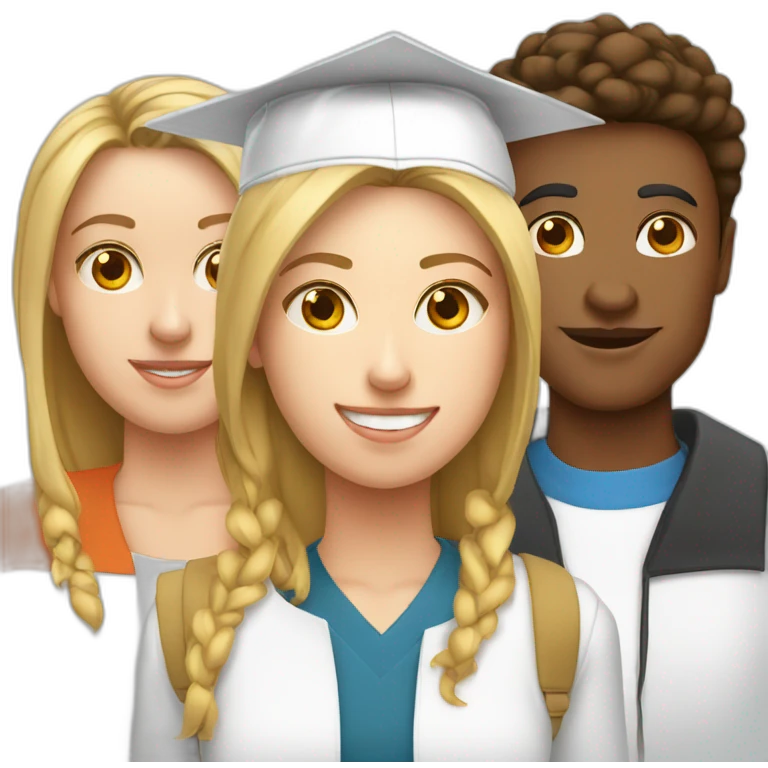 White-skinned students with one women and one men wearing academic caps emoji