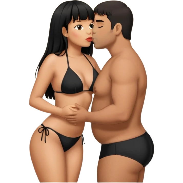Latina female with bangs black long hair plus size in the beach with black bikini kissing Latin man with short hair  emoji