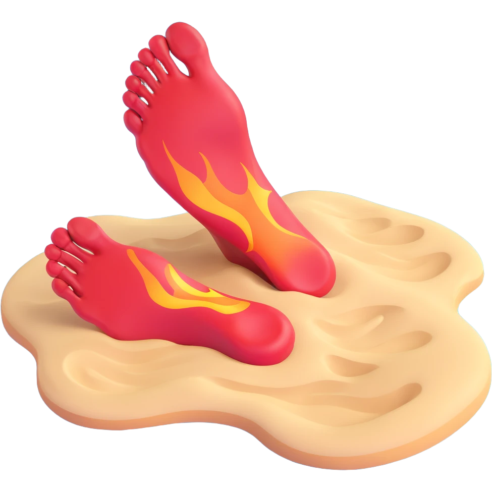 foot stepping on scorching hot beach sand with heat waves rising, showing pain without blood emoji