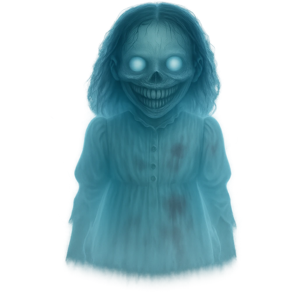 Transform the creepy girl into a ghost, make her semi-transparent, add ethereal glow and ghostly effects, keep the background transparent. emoji