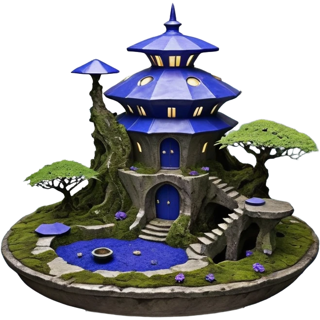 Alien saucer-castle jungle winding trail mountainside getaway haunted nighttime hobbit landscape antique mudman very old broken cracked intricately detailed Stone Age lapis-crusted irregular dodecagon-shaped shallow dark moss rough bark violet flowered maple bonsai Saikei coffee table-sized pot  emoji