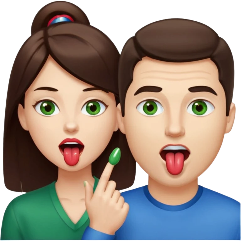 A good looking white man with dark brown hair and blue eyes with his mouth open and tongue out licking a white woman with light brown hair and green eye’s well groomed with deep red painted nails. emoji