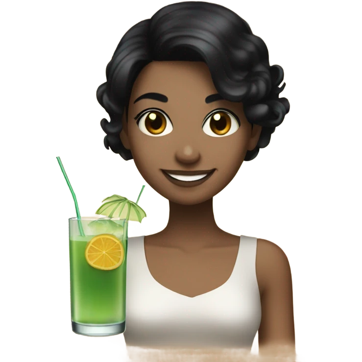 smiling girl with black hair drinking a cocktail emoji