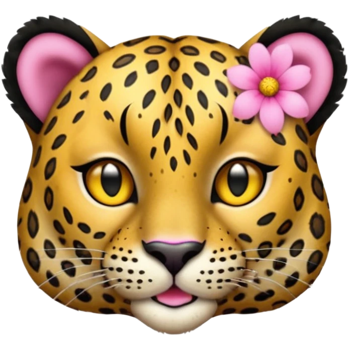 A leopard with mouth closed, A pink flower with a yellow center is tucked behind its right ear
 emoji