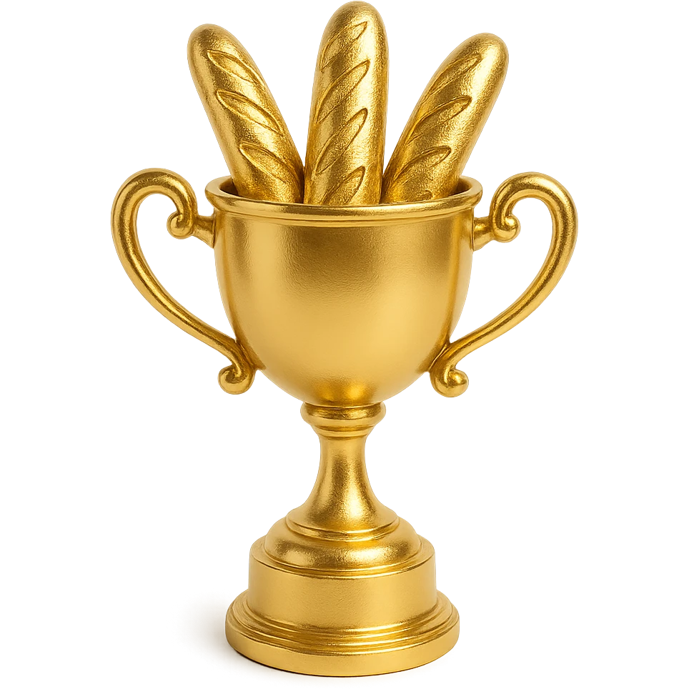a trophy cup filled with baguettes, whimsical, gold, fun style emoji