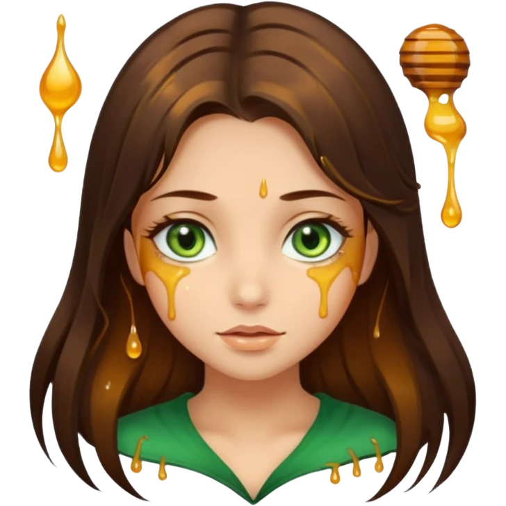 Pretty girl, with dark brown honey hair and green eyes and hair strands dripping with honey emoji