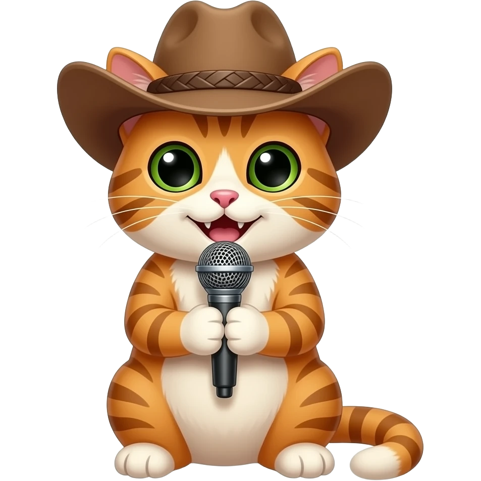 cat with cowboy hat and holding singing mic with two hands sitting pose front view emoji