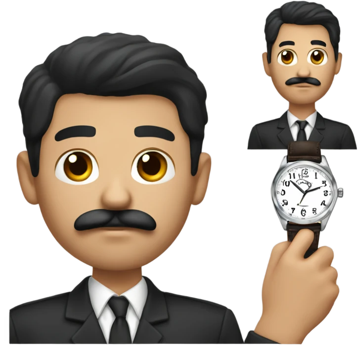 dark hair dark eye man with mustache looking at wrist watch emoji