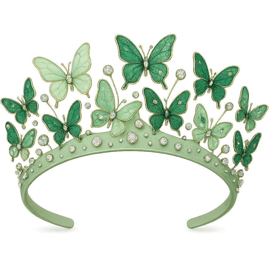 butterfly crown with a soft green base, butterflies in light and dark green enamel, sparkling gems emoji