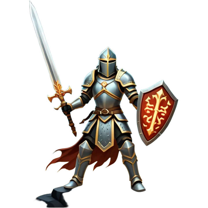 An icon representing RPG, inspired by Elden Ring. The design features a warrior in armor, holding a sword, standing in front of a mystical, dark landscape with glowing runes and a distant castle. The atmosphere evokes epic quests, exploration, and intense battles. Transparent background emoji