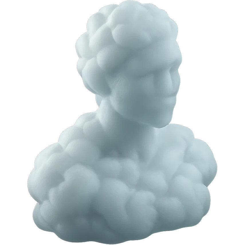 silhouette of a white person facing forward up to the shoulders, entirely made of fluffy voluminous clouds, matte glass style emoji