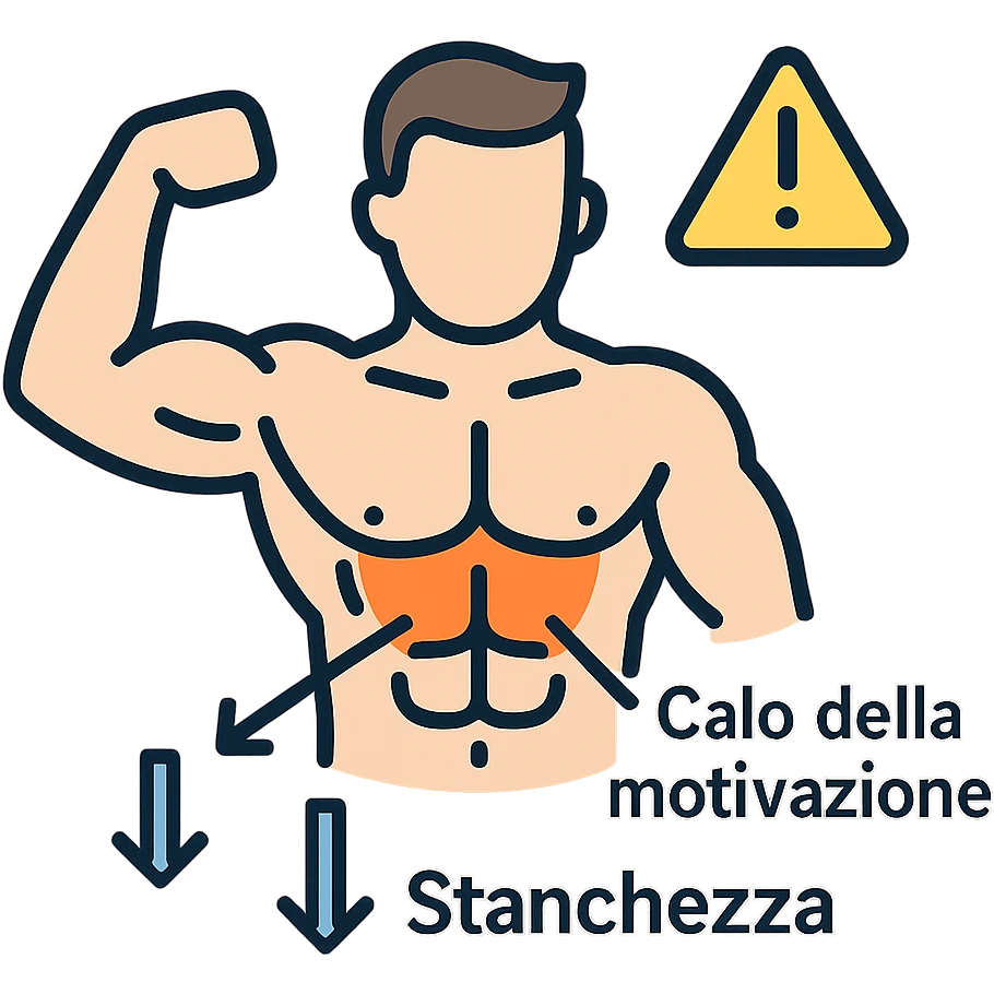 infografica in italiano, bodybuilder con zona bassa del busto evidenziata in arancione, frecce che indicano Calo della motivazione e Stanchezza, simbolo di attenzione, stile medico, sfondo bianco emoji