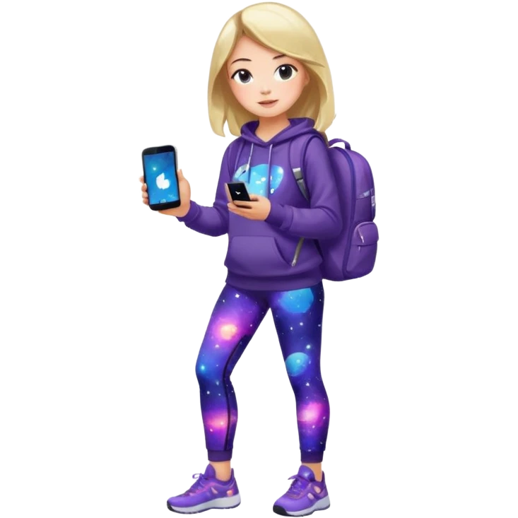 girl in galaxy-patterned leggings and sweatshirt, with matching backpack and phone emoji