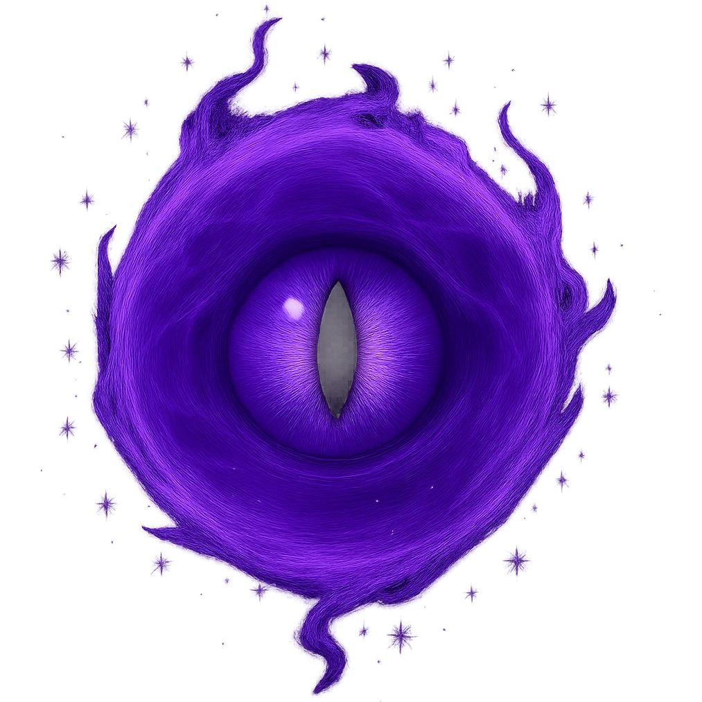 Change the green energy orb to a glowing purple energy orb with a prominent eye in the center, magical and mysterious, no background. Emphasize the glowing purple color and the mystical eye at the center, radiating magical energy. emoji
