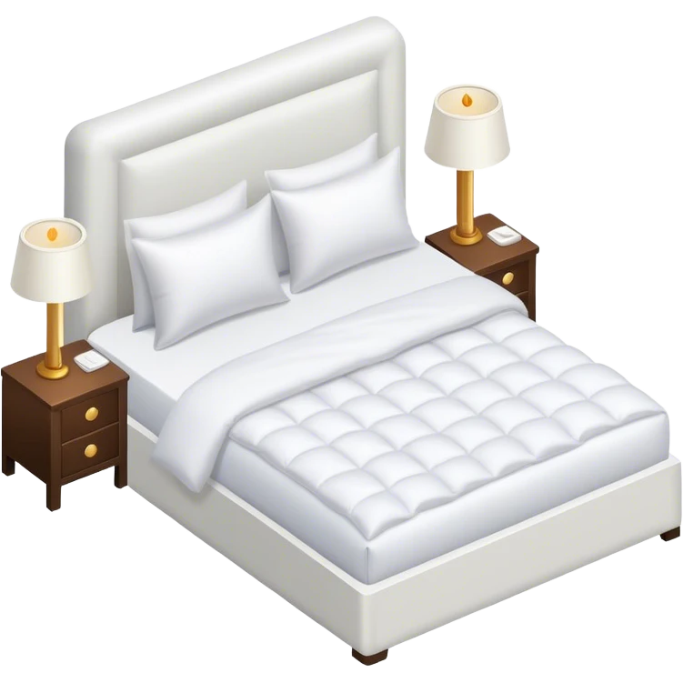 All white luxury hotel bed with puffy white duvet, isometric emoji