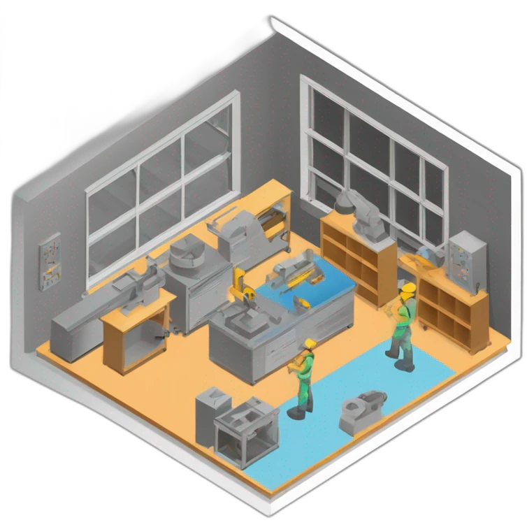 isometric square solid outline border containing indoor creative factory woodworking metalworking people active working cnc machine tools simple clean industrial makerspace concrete #edc31b  emoji