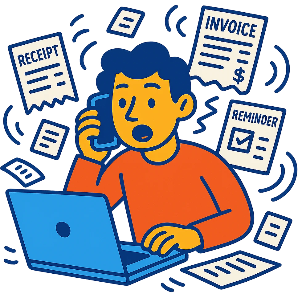 person holding a phone in one hand, laptop open in front, storm of receipts, invoices, and reminders swirling around, multitasking chaos emoji