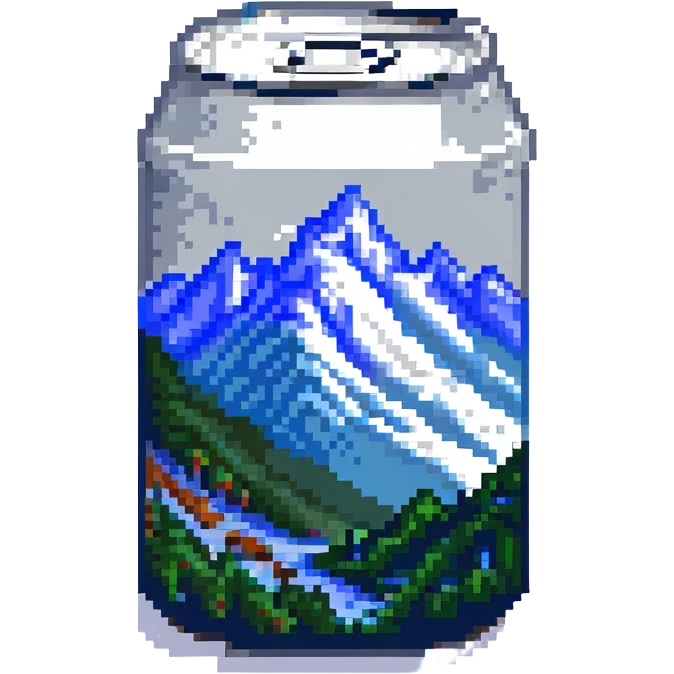a can of Busch beer, pixel art style, blue and silver colors, simple mountain design emoji