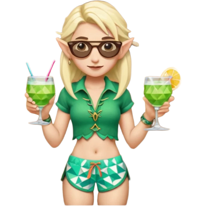 elf female legolas portrait, patterned board shorts (geometric/abstract), unique wooden-framed sunglasses, undercut hairstyle, slight smirk, visible pointy ears, no background, centered emoji, hipster summer vibe coctails emoji