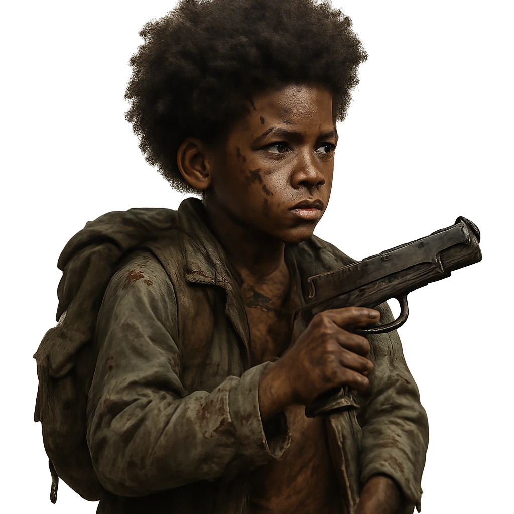 African American boy with an Afro, styled for a zombie apocalypse, holding a gun, backpack behind his back, scar on his face emoji