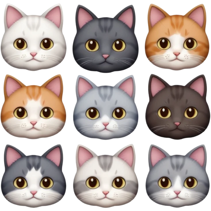 4 different coloured short haired cats including; a dark brown and white cat, and a dark grey and white  emoji