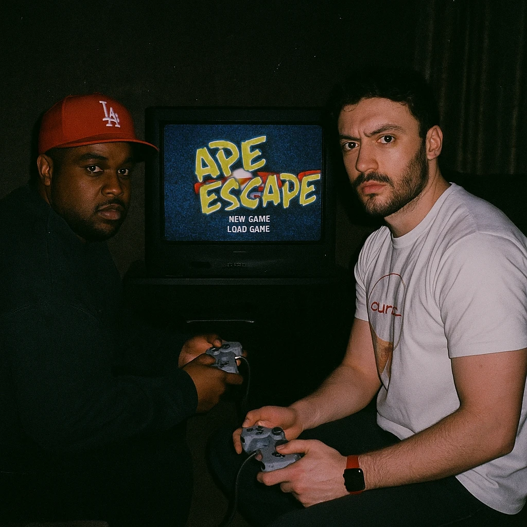 Create a 90s analog photo featuring a famous rapper (not recognizable) and the boy from the reference photo sitting in front of a CRT TV with Ape Escape on Playstation 1. The room is dark, both hold controllers, and they look at the camera with flash, creating a grunge atmosphere. emoji