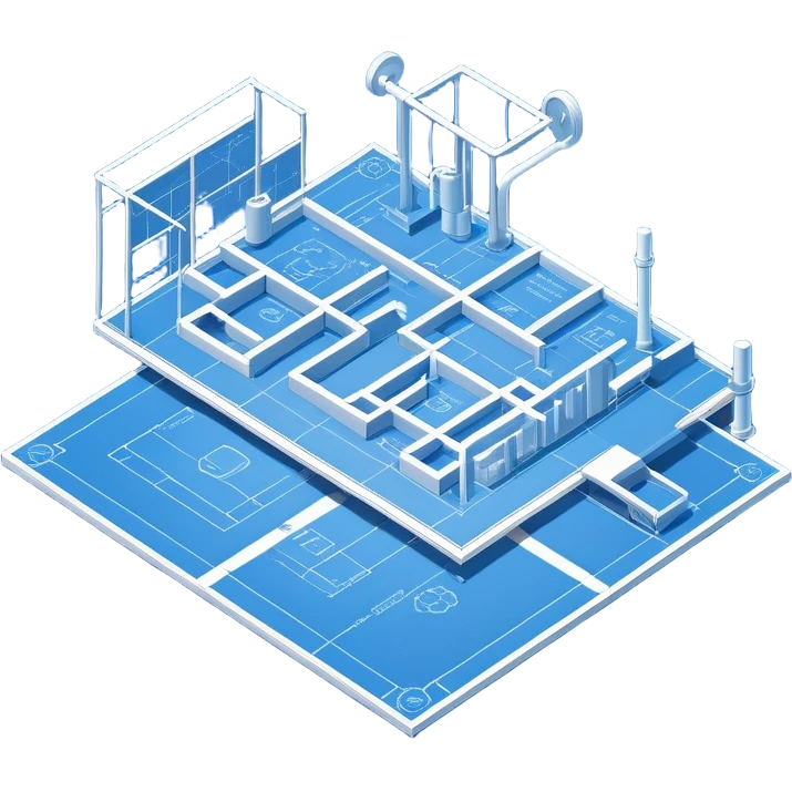isometric view of blue blueprint plan with white lines and shaded 3D objects emoji