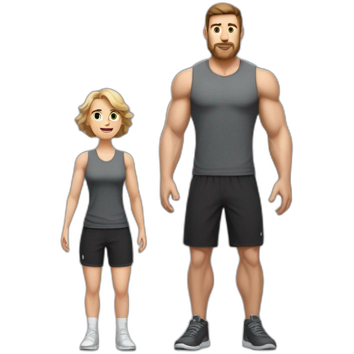 Full height Actively gesturing with hands Pale skinned Fit Man With the biceps and brown hair in dark gray Sleeveless Mike, black oversize sports shorts, watch and white Sneakers emoji