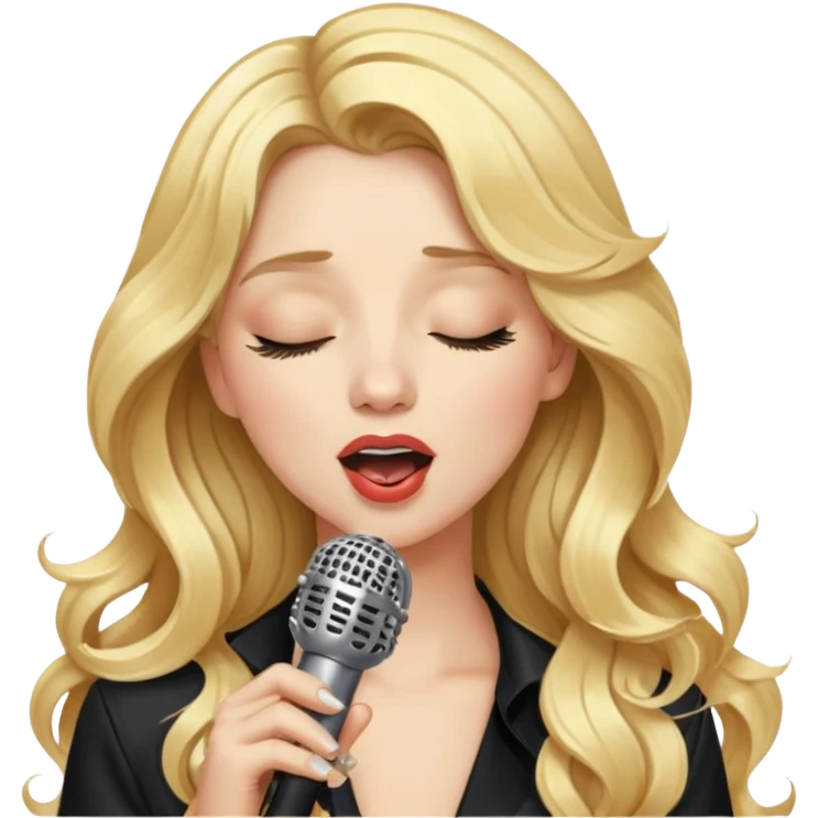 An emoji of a blonde female singer. She has long, wavy golden hair and holds a microphone while singing. Her expression is passionate, with eyes closed or looking confident. A glamorous and stylish look, resembling a pop star or diva emoji